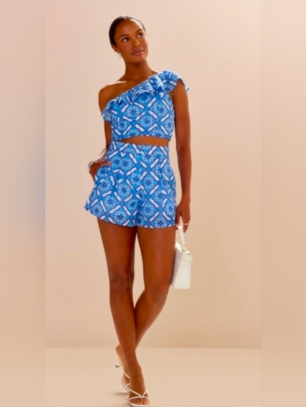 Francesca's Collections Blue Patterned One-Shoulder Romper